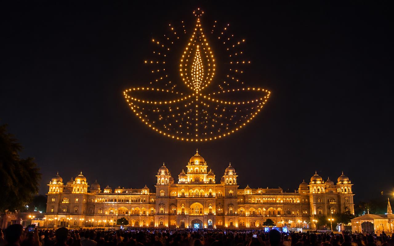 Drone light show forming a golden diya over an Indian palace